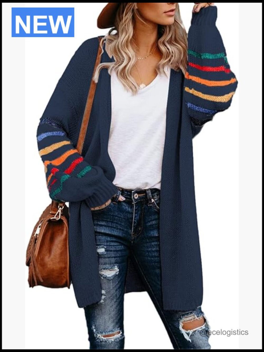 Striped Color Block Long Open Front Cardigan Loose Knit Sweater Coat